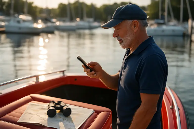 Boater checking a route plan and weather before leaving a marina