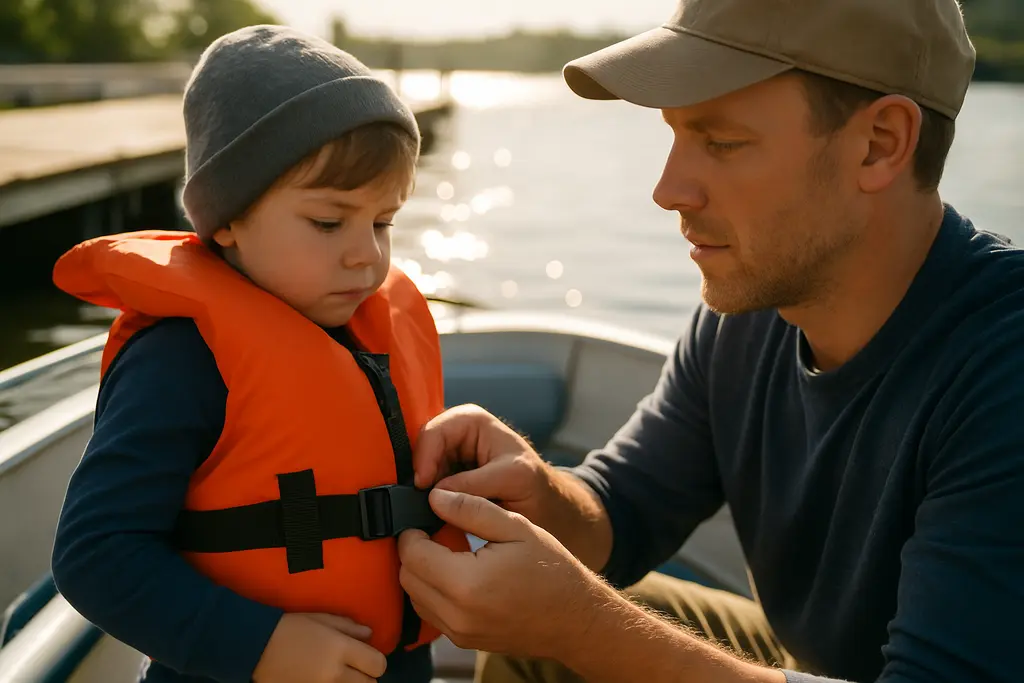 Boating rescue tips shown by crew checking life jackets at the dock