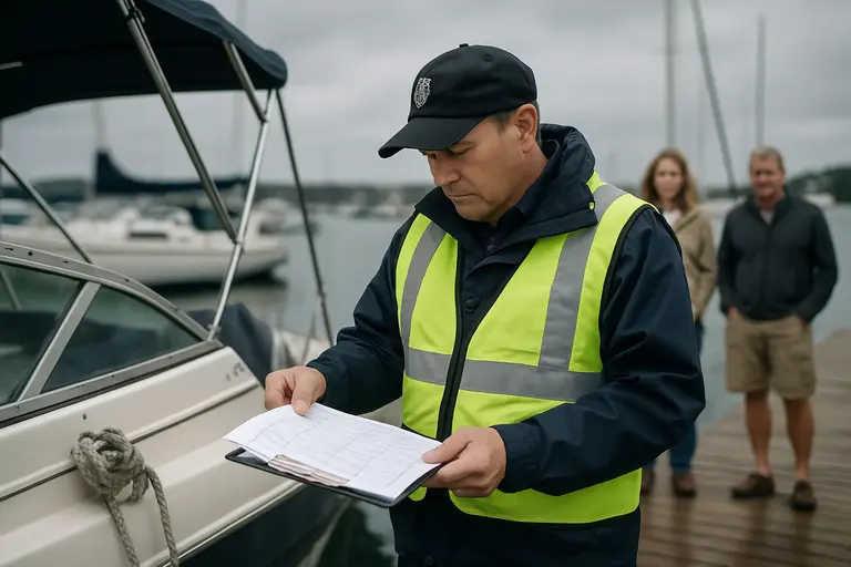 Small motorboat at a marina with passengers preparing gear on the dock