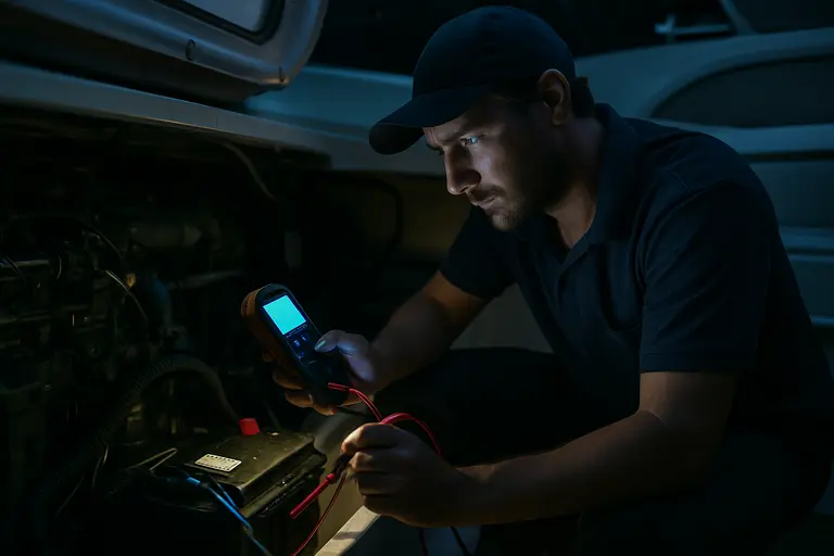 Boat owner checking a fire extinguisher gauge near deck safety equipment