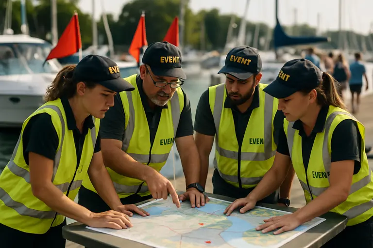 Support boat crew reviewing a route plan before a waterfront marine event