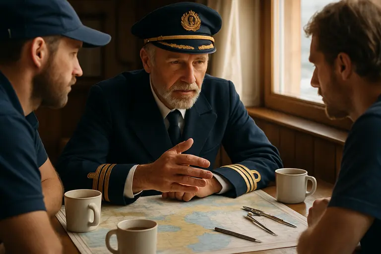 Skipper reviewing a chart with passengers seated safely aboard