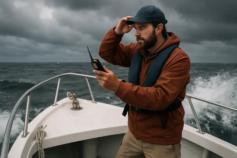 Captain and passengers checking conditions from a marina dock