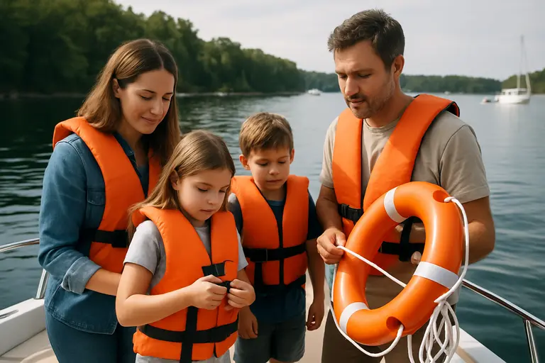 Crew reviews life jackets and communication gear before leaving the marina