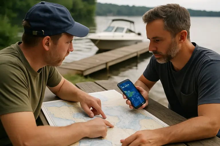 Captain reviewing a chart and marine radio inside a boat cabin