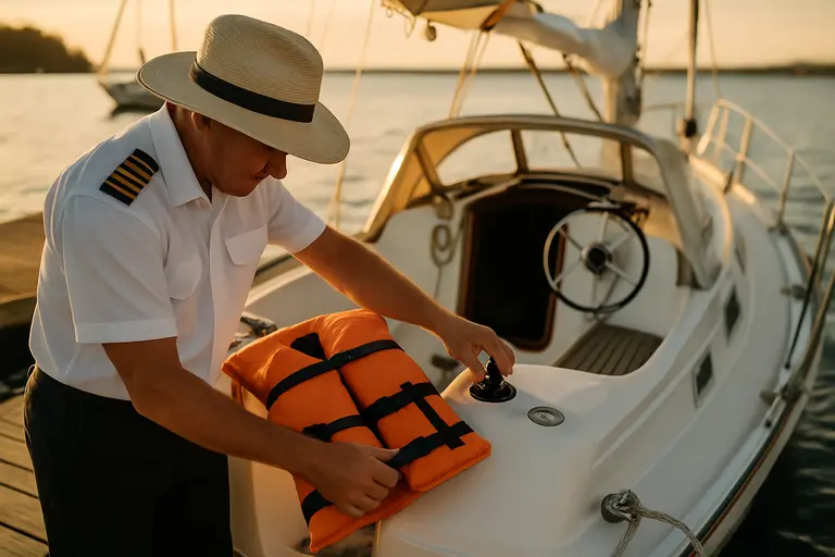 Captain checking gear and weather notes beside a moored boat