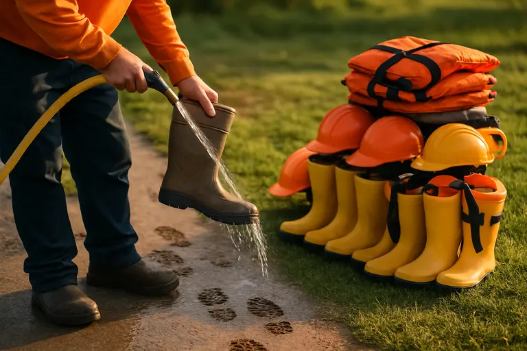 Tagged safety gear stored on shelves away from sunlight and chemicals