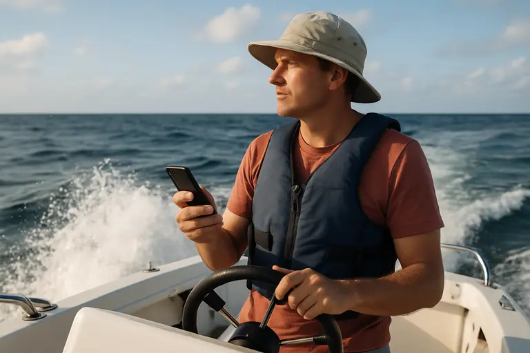 Phone weather app beside a handheld VHF radio on a boat console