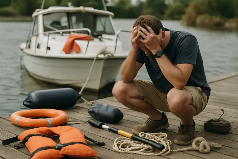 Boater checking a phone message beside dock lines and safety gear