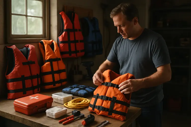 boater checking safety gear and a departure card at the helm