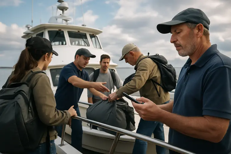 Crew arranging life jackets while clouds build over a harbor