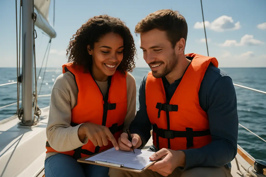 Coast Guard safety tips checklist beside life jackets on a small boat