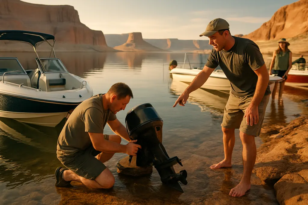 Lake Powell maintenance check on a trailer boat near a low-water ramp