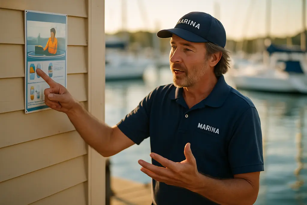 Marina Safety check at a dock with boats, lines, and life jackets ready
