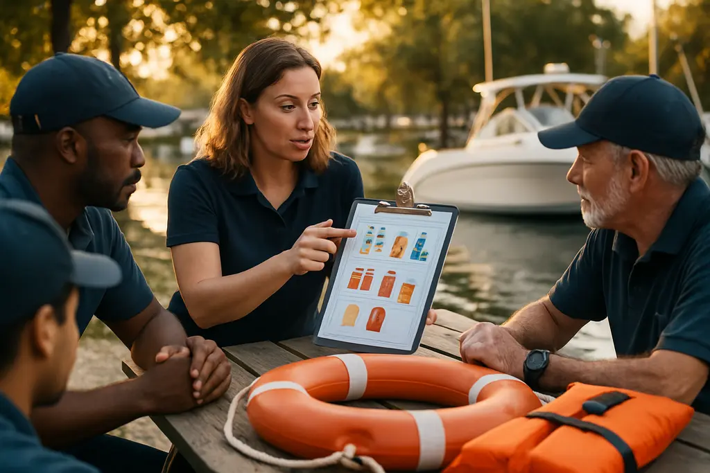 Marine safety initiatives board beside a marina dock with life rings and moored boats