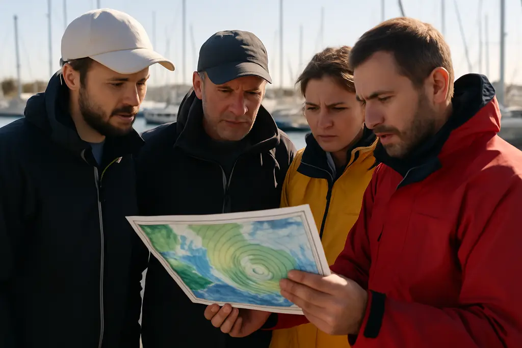 marine weather monitoring on a tablet beside charts in a boat cockpit
