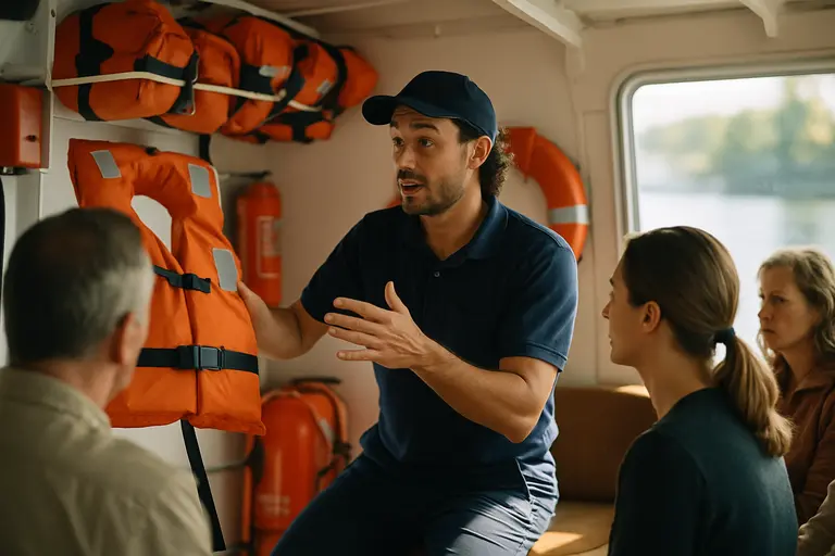 Passengers seated low inside a cabin cruiser while gear is secured
