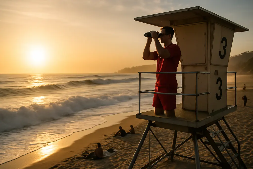 Rip Current Safety scene with a boat offshore from breaking surf on the California coast