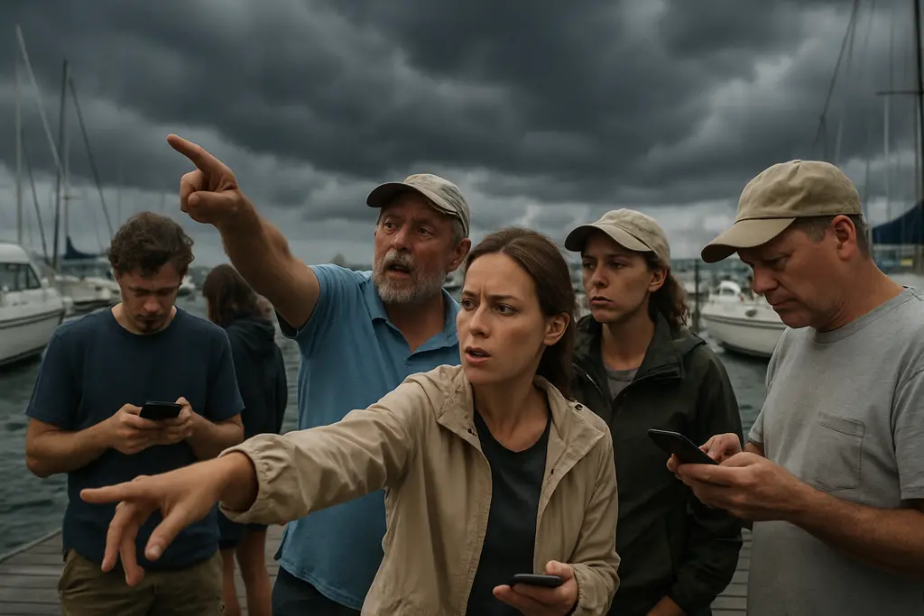 Crew checking weather before Small Craft Advisories at a marina dock