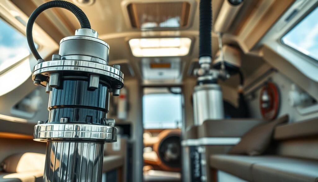 A detailed bilge pump showcased in the foreground, highlighting its robust design and functionality, with metallic components glistening under bright overhead lighting. The middle ground features an organized bilge area of a boat, with hoses and fittings neatly arranged, demonstrating a clean and efficient bilge system. The background captures the interior of a well-maintained boat, with hints of marine equipment and plush seating subtly blurred to emphasize depth. The overall atmosphere is one of safety and reliability, evoking a sense of preparedness for a safe voyage. The image is shot from a low angle, adding a dynamic perspective, with natural light filtering in, enhancing the clarity and focus on the bilge pump without any distractions or extraneous elements.