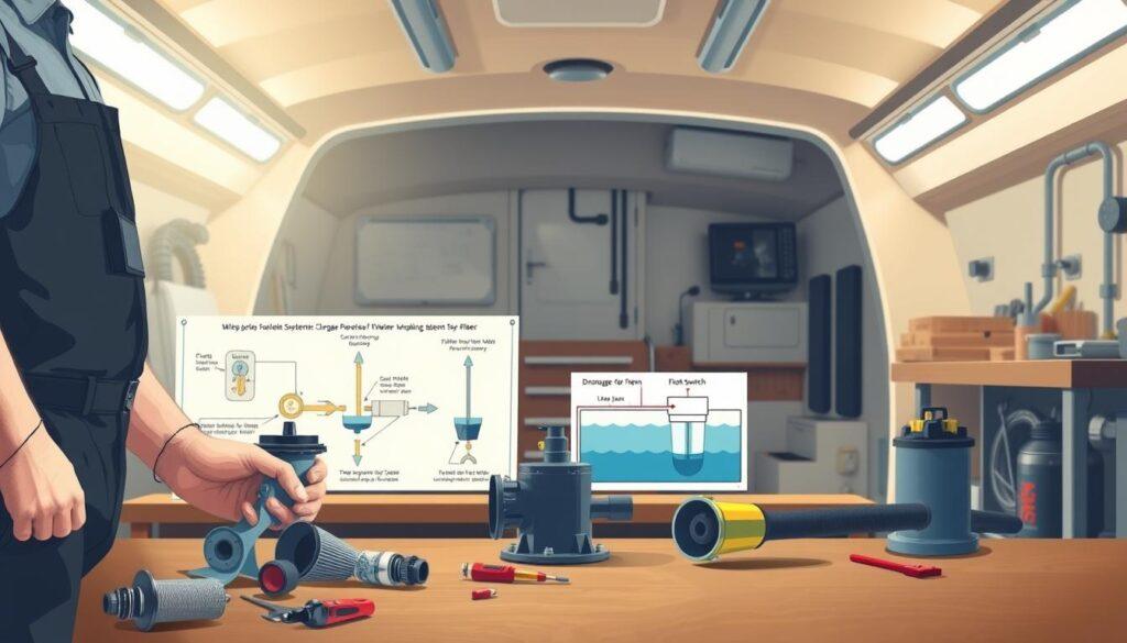 A detailed illustration of bilge pump maintenance steps represented in a workshop setting. In the foreground, a hands-on technician in professional attire examines a bilge pump, tools scattered nearby, showing various maintenance components like filters and hoses. The middle ground features a well-organized workbench with diagrams of bilge systems, emphasizing the parts involved, including the pump, float switch, and drainage system. The background displays a boat interior with water management systems clearly visible, illuminated by soft overhead lighting, creating a focused yet approachable atmosphere. The overall composition conveys a sense of professionalism and diligence, ideal for educating readers on bilge system maintenance procedures. No text or branding is included. A detailed illustration of bilge pump maintenance steps represented in a workshop setting. In the foreground, a hands-on technician in professional attire examines a bilge pump, tools scattered nearby, showing various maintenance components like filters and hoses. The middle ground features a well-organized workbench with diagrams of bilge systems, emphasizing the parts involved, including the pump, float switch, and drainage system. The background displays a boat interior with water management systems clearly visible, illuminated by soft overhead lighting, creating a focused yet approachable atmosphere. The overall composition conveys a sense of professionalism and diligence, ideal for educating readers on bilge system maintenance procedures. No text or branding is included.