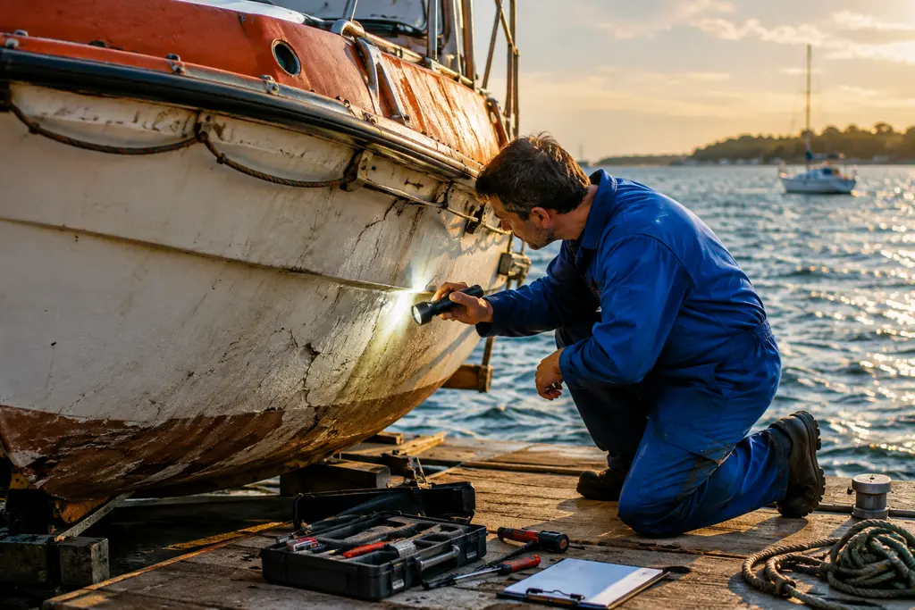 Inspector checking aging fiberglass lifeboats near a hook release fitting