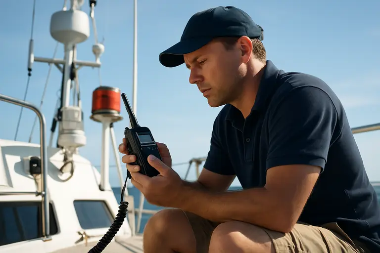 Boat helm with VHF radio, switches, and navigation light controls visible
