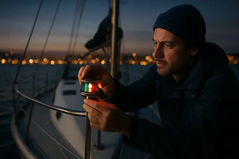 Boat navigation lights glowing at dusk with calm water in the background