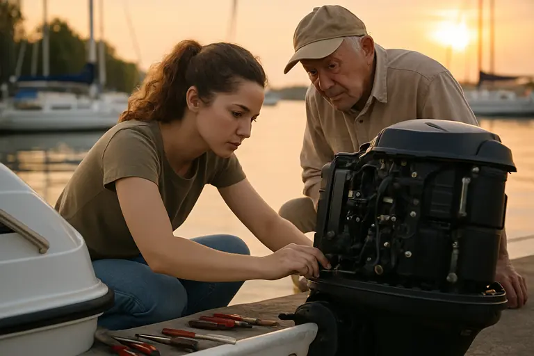 Boat operator checking deck gear and safety equipment before a coastal trip