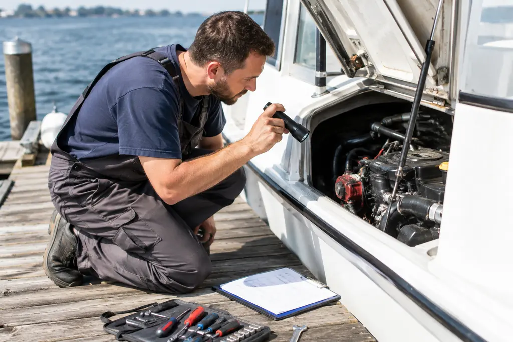 Captain reviewing boat recalls with a hull number plate and maintenance folder