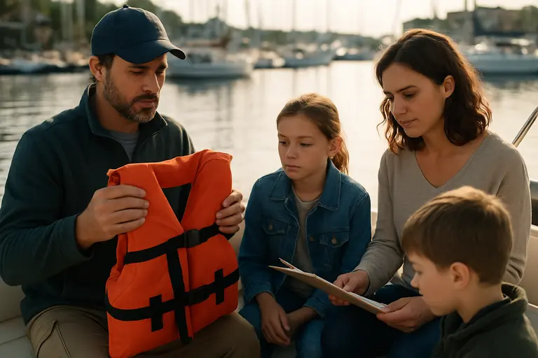 Boater checking life jackets and gear on a small boat