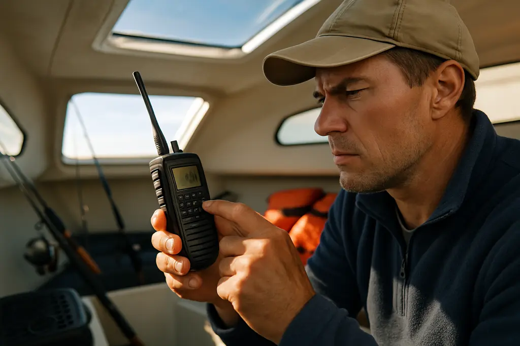 boater communication tools beside a helm radio and chart on a small cruiser