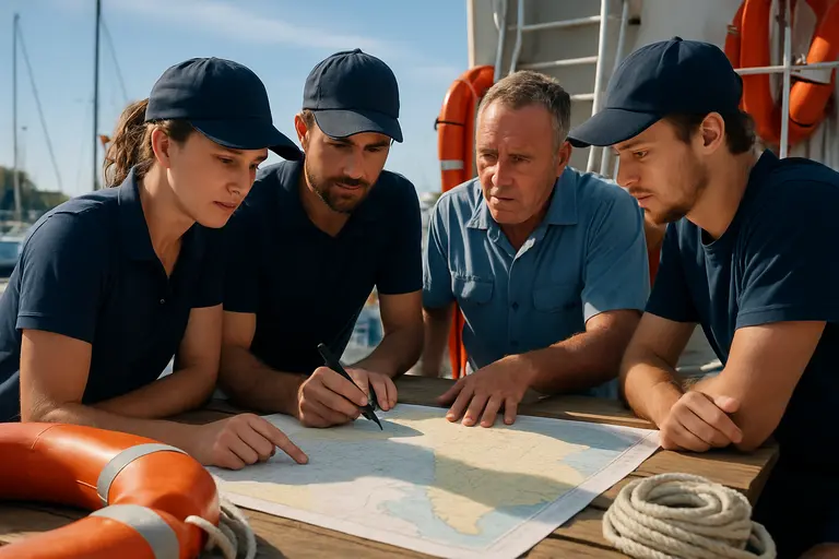 Captain briefing passengers near a moored recreational boat