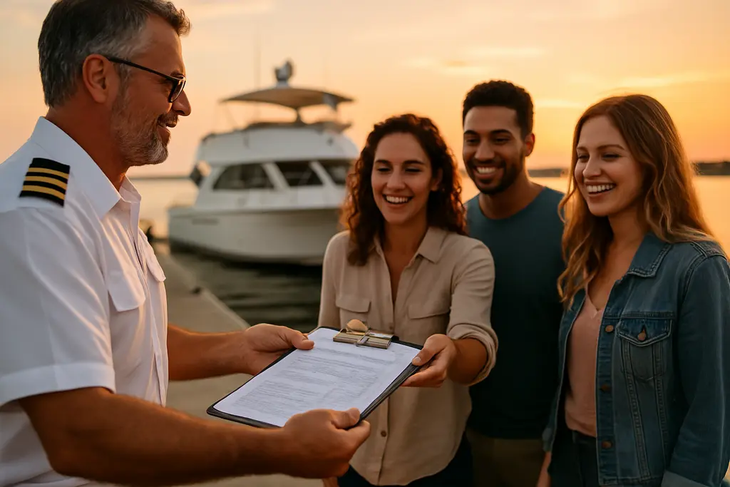 Boater reviewing charter credentials with a captain at the dock