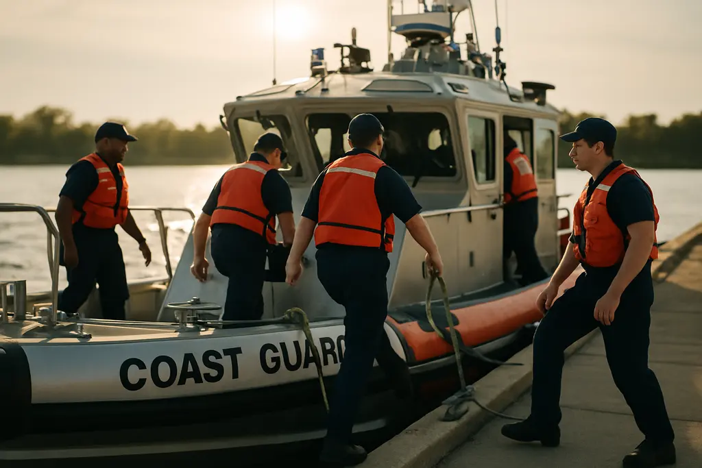 Coast Guard operations vessel approaching a small recreational boat for a safety check