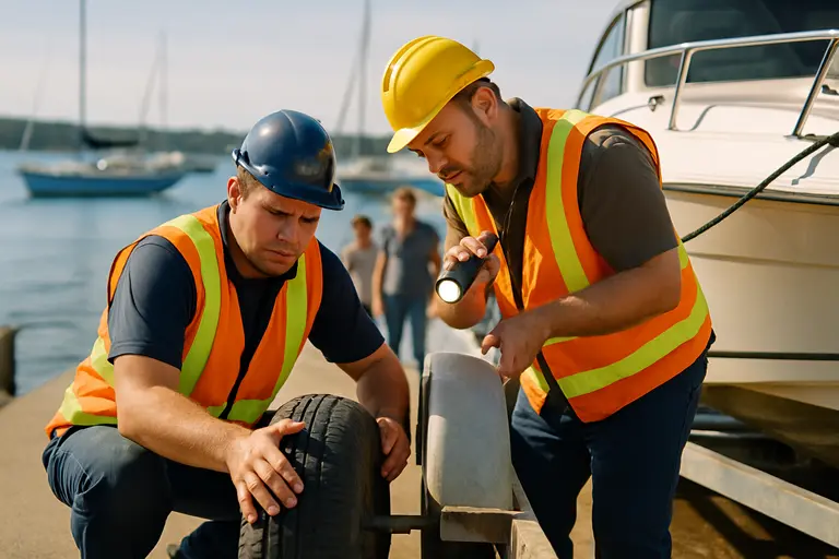 Crew member inspecting lines and deck gear on a boat tied to a dock