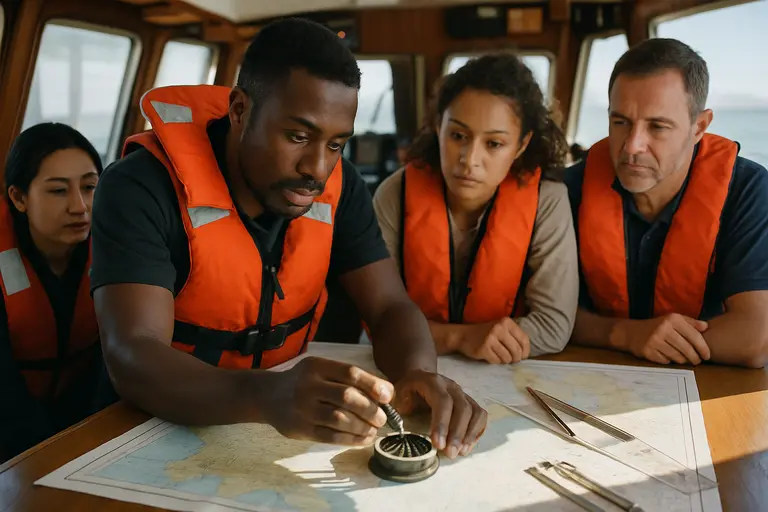 Crew member recording course and time in a logbook near a marine compass