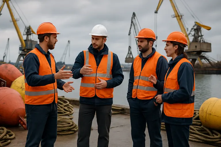 Crew preparing lines and safety gear on a dock before a slow harbor departure