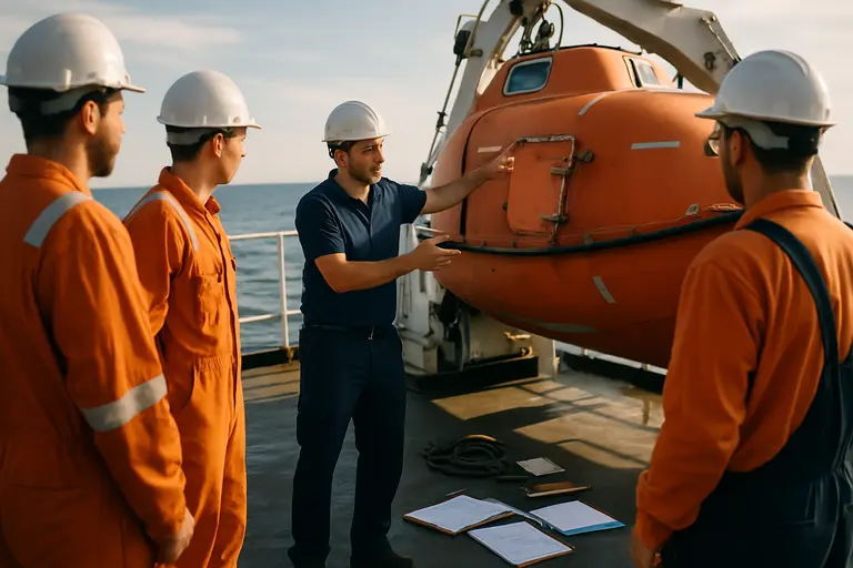 Crew reviewing lifeboat inspection notes during safety training