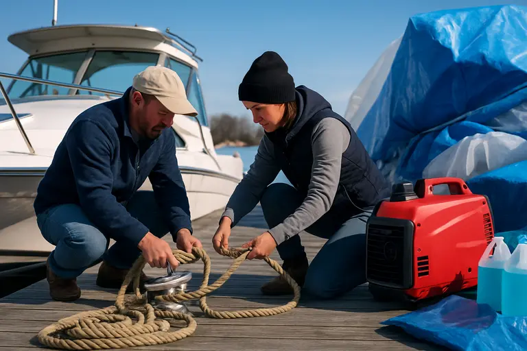 Dock lines secured to a cleat beside a moored recreational boat