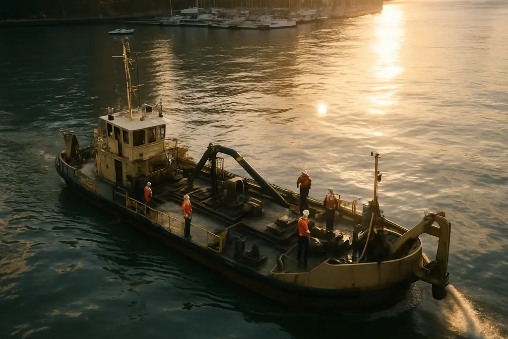 dredging operations near a marina with barges and small boats on calm water