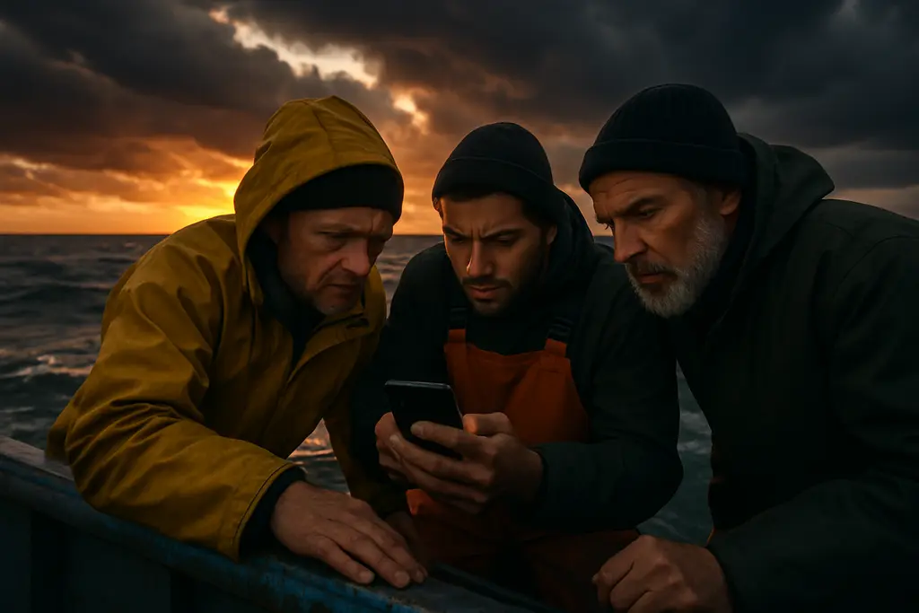 Crew reviewing Gulf Stream alerts at a dock before a rough-water trip