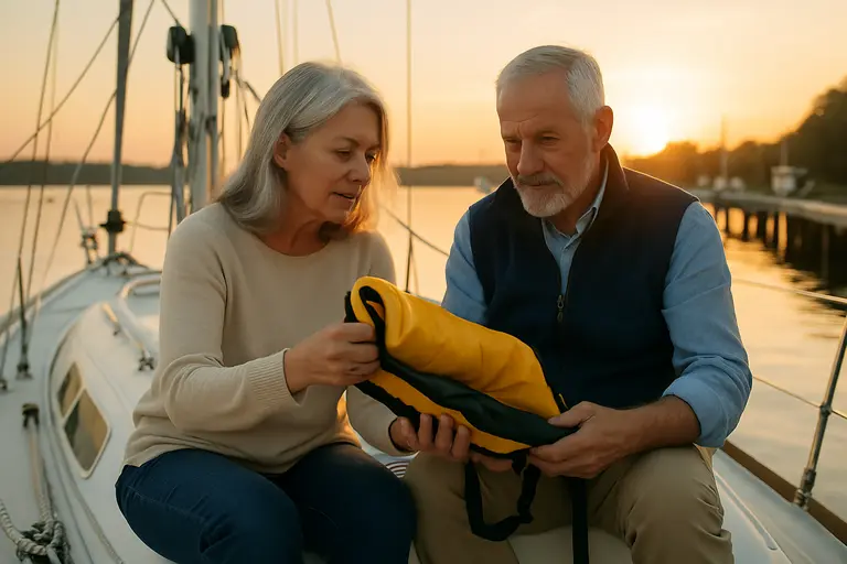 Inflatable life jacket and rearming parts arranged on a clean boat bench