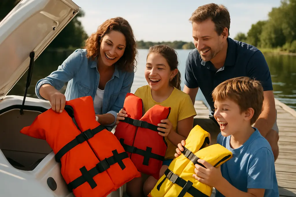 life jacket checks laid out on a dock before a family boards a small boat