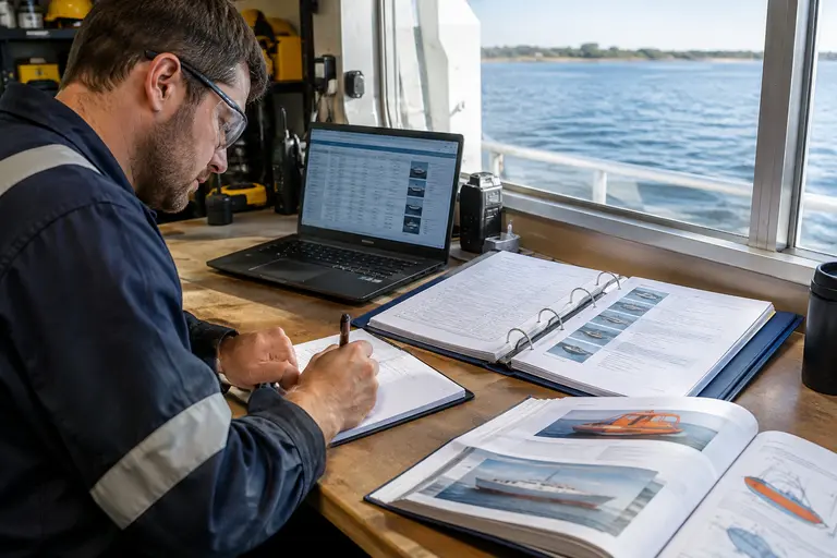 Maintenance logbook beside lifeboat inspection tools on a workbench