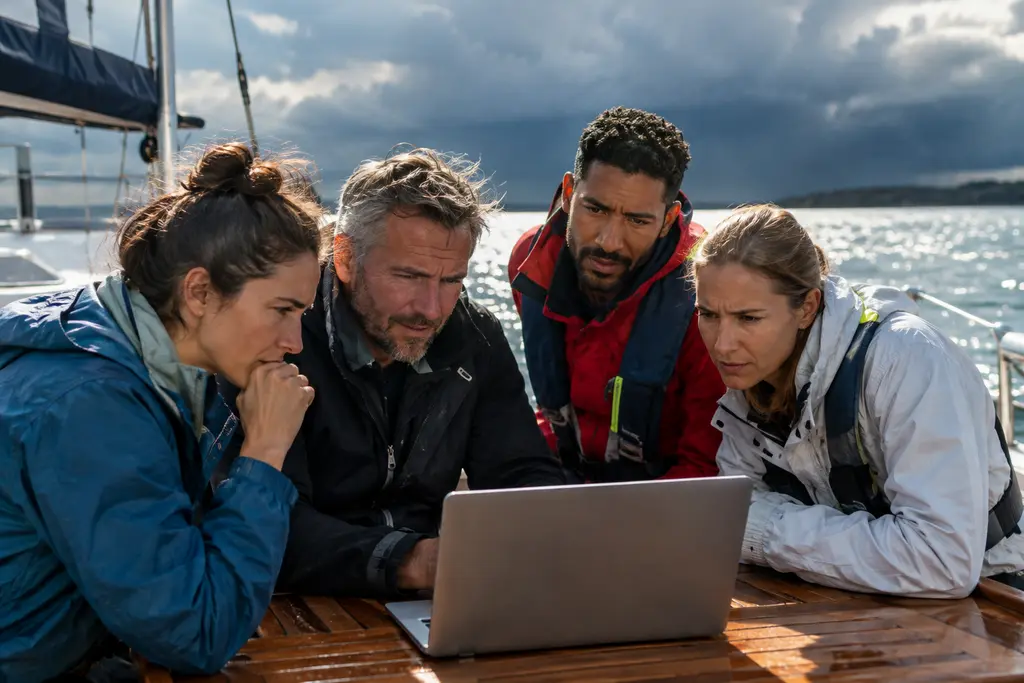 Marine Weather Alerts checked on a boat before leaving a cloudy marina