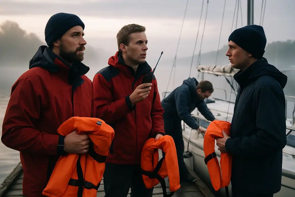 Marine weather preparedness with a skipper checking clouds and instruments before departure