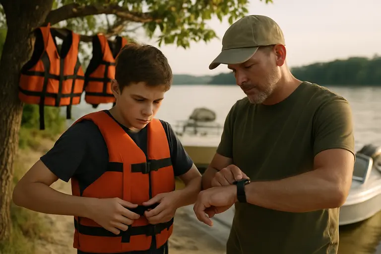 Navigation lights and safety equipment checked on a boat before sunset