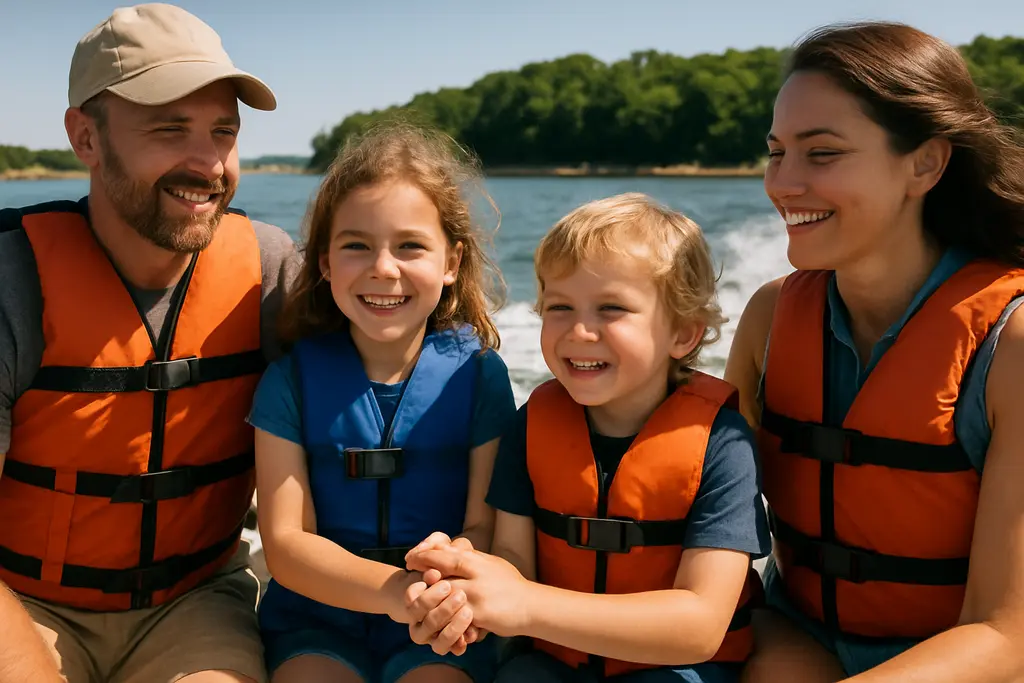 safe boating tips scene with life jackets and calm Massachusetts coastal water