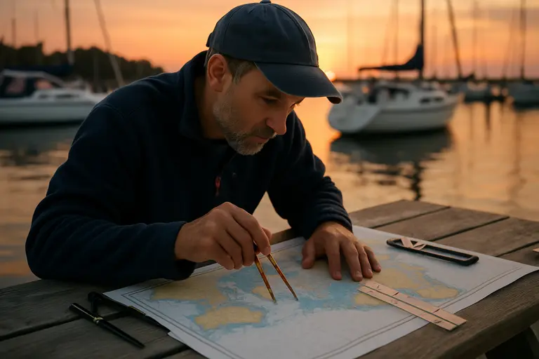 Skipper reviewing a chartplotter before entering a busy river corridor